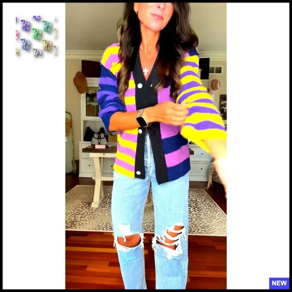 Striped V Neck Cardigan Oversized Fuzzy Knit Drop Shoulder Loose Fit